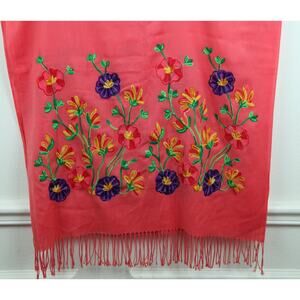 Womens Scarf Pink Floral Embroidered Dainty 26" x 70" Boho Feminine Fairy Dainty